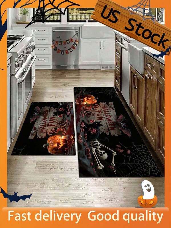 1 Stück Halloween Küchenmatte, weich & bequem mit Fledermaus Nacht Design, Küchenteppich, Matte, Fußabtreter, kleine Matte, Teppich, Läufer, Bodenbelag, Heimdekoration, Teppich, Outdoor Matte, Schlafzimmerteppich, maschinenwaschbar