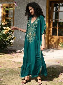 深绿色刺绣迪拜风格短袖休闲女式睡袍（春季款） - 墨綠色 - 查看 8