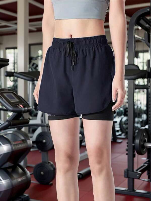 Pantalones cortos deportivos ajustados para mujer con ribete contrastante, cintura elástica con cordón, pantalones cortos de running de secado rápido