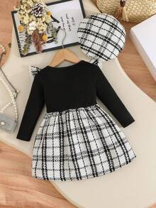 女童优雅花卉格子图案连衣裙，带帽子，时尚优雅的幼儿女童连衣裙 - 黑色 - 查看 2