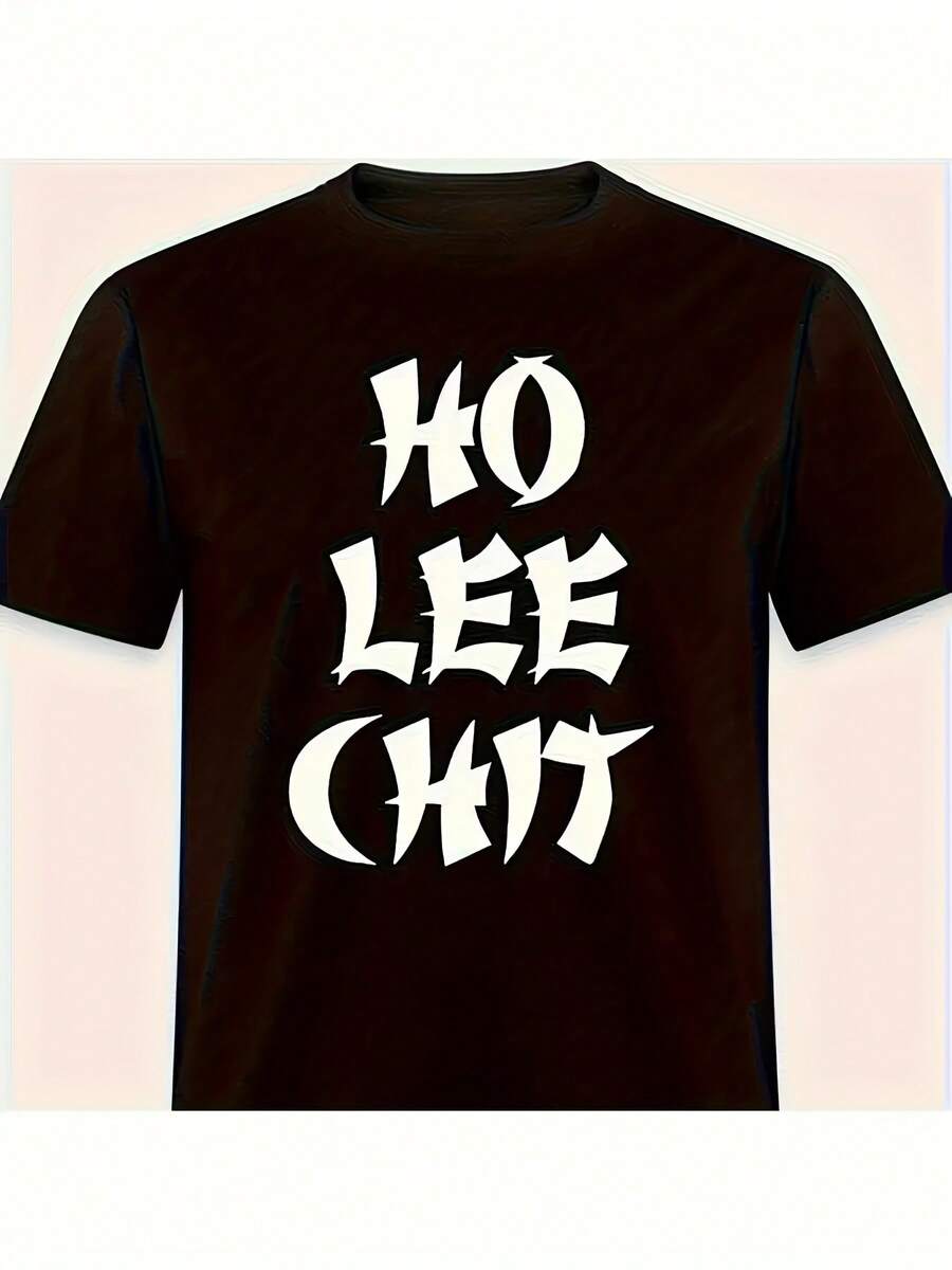 [Camiseta con patrón divertido para hombres] 1 pieza de camiseta con patrón divertido para hombres - Impresión en negrita "HO  CHIT", manga corta, cuello redondo, cómoda y casual, perfecta para regalo de cumpleaños del Día del Padre, ropa para todas las estaciones |   Estilo casual |   Tela de poliéster, atuendo diario, camiseta gráfica, camisa llamativa, camiseta ligera, material transpirable, top impreso, camisa cómoda, compradores de regalos, ropa para adultos - Negro - Ver 1