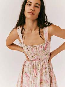 Women Slip Dress Sleeveless Floral Pleated Swing Dress Summer Long Vacation Dress - Hồng - Xem 3