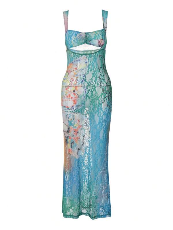 Vestido midi ajustado sexy transparente con tirantes de encaje y estampado floral para mujer, vestido largo para vacaciones y club