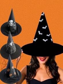 4 件套万圣节女巫帽、塔夫绸女巫帽、尖头女巫帽、黑魔术师巫师帽 - 黑色 - 查看 2