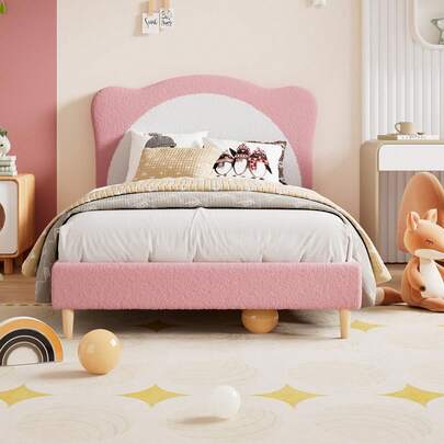 Twin Size Bed Frame For Kids,Upholstered Twin Bed Frame With Adjustable Chic Scallop Headboard, Cute Velvet Princess Platform Bed For Girls/Kids, Solid Wood Slats Support, No Box Spring Needed