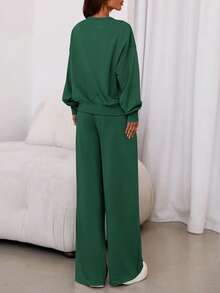 Womens 2 Piece Sets Long Sleeve Sweatshirt Wide Leg Pants Loose Matching Lounge Set  Fall Outfits - Màu xanh lá cây đậm - Xem 5