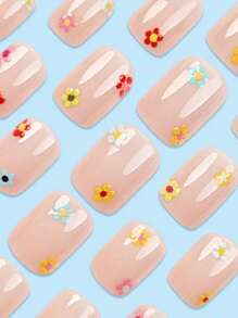 24pcs Short Square Shape Press On Nails Colorful Fake Nail And Multicolor Flowers Dopamine Design False Nails Fresh And Cute Style Fake Nails Perfect For Women's Daily Use Nail Supplies