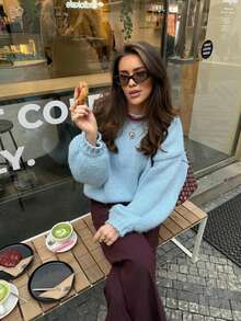 Senya 女士秋冬季浅蓝色圆领长袖针织衫，宽松休闲百搭落肩套头毛衣，女士冬季毛衣，新年 - 藍色 - 查看 3