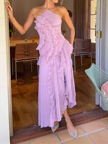 Y2k Ruffle Long Dress For Women Halter Backless Irregular Hem Ruched Boho Maxi Dress - 紫色 - 查看 2