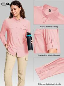 Cavva 女式速干防水钓鱼衬衫，轻盈透气，网状纹理，略宽松版型，可变换卷起袖子，2 个魔术贴胸袋，鱼竿固定贴片，可调节纽扣袖口，户外徒步休闲