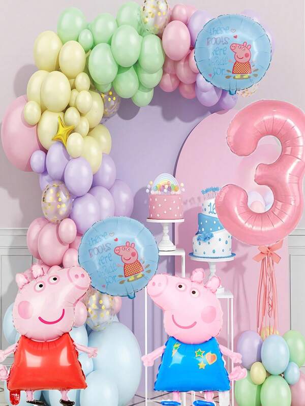 Peppa Pig Globo de aluminio con forma de cerdito rosa - Decoración de globos de látex de colores - Cerdito rosa y cerdito azul + Conjunto de decoración para fiesta de primer cumpleaños con número rosa