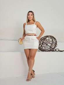 Women's Casual Skirt With Tailored Belt - 白色 - 查看 1