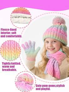 Set de 4 piezas de gorro de punto, guantes y bufanda de invierno con pompones para niños, gorro de bebé de color degradado de polar grueso con una sola bola, conjunto de bufanda con capucha de punto para niñas/niños - Multicolor - Ver 5
