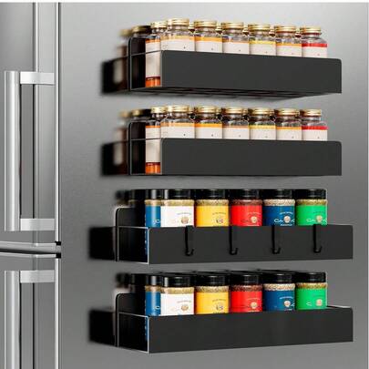 4-Pack Magnetic Spice Rack Set With Hooks For Refrigerator, Space-Saving Kitchen Organizer For Spices & Jars