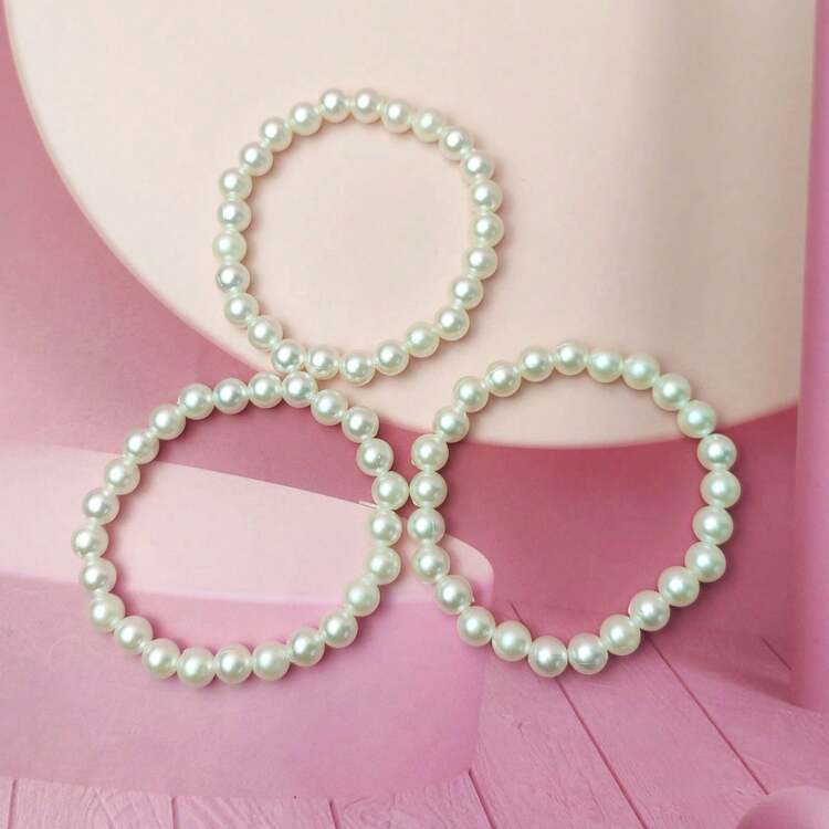 3pcs/Set 8MM Fashionable Beige Faux Pearl Bracelets - 8MM Beige 3 Strips - View 4