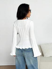 女士可爱Y2K风格纹理圆领长袖荷叶边纽扣针织开衫，适合日常休闲穿着，也适合返校、乡村音乐节、秋冬季外出，是理想的圣诞节和新年礼物。 - 白色 - 查看 6