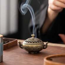 Queimador de incenso com tripé oco de 1 peça, porta-incenso de metal vazado para aromaterapia interna, decoração de casa, cerimônia do chá chinesa, santuário doméstico, acessório para sala de estar, mini aquecedor de incenso - Marrom Claro - Ver 2