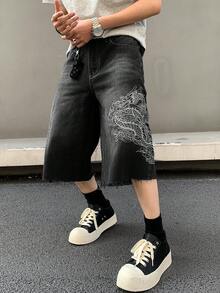 Globe Swift Embroidered Mid-Rise Loose Straight Wide Leg Jeans, Emo Style - Black - View 8