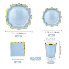 80件/套一次性派对不对称金箔餐具套装，包含蓝色金箔不对称盘子、一次性杯子、餐巾纸，适用于节日、生日、聚会 - 藍色 - 查看 2