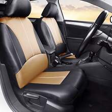 2/5 Seats PU Leather&Fabric Car Seat Covers Front Rear Protector Universal Breathable Side Airbag Compatible All Season Easy To Install - 黑色和米色 - 查看 2