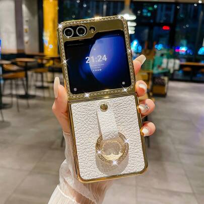 Luxury Leather Plating Diamond Round Ring Phone Case Compatible With Samsung Galaxy Z Flip 5 Z Flip 6 ZFlip 4 ZFlip 3 5G Fashion Blingbling Glitter Shine Shockproof Back Cover Waterproof Anti-Fall Scratch Resistant March Anniversary Gift Party