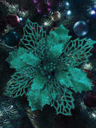 1pc/10pcs/20pcs Poinsettia Christmas Flower With Glitter Powder & Clips, 3.5in/5.9in/9.45in Artificial Christmas Tree Flowers, Wreaths, DIY Garlands, Wedding Table, Fireplace, Chimney, Garden Decor, Suitable For Christmas, New Year, Valentine's Day, Christmas Party (Color: Dark Green)