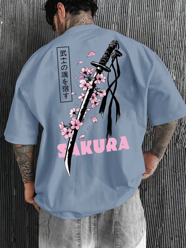 Men's Casual Sword & Cherry Blossom Graphic Print Loose Fit Round Neck T-Shirt, Blue