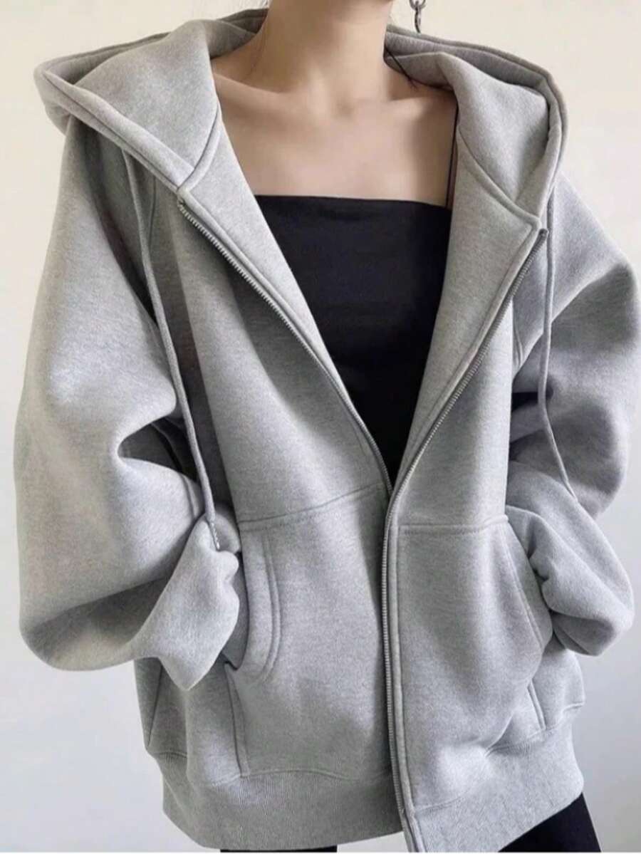 Women's Hooded Sweatshirt With Zipper Closure - Light Gray - View 1