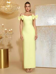 新款女士黄色性感露肩无袖露背蝴蝶结装饰长款绷带连衣裙，优雅女士婚礼伴娘礼服，节日派对正式晚宴礼服 - 黃色 - 查看 1