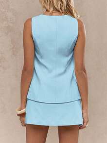 Women's Retro Elegant Single-Breasted Real Pocket Vest & Skirt Suit Set, Suitable For Daily Wear And Work - Blue - View 7