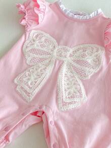 Baby Girls' Sweet Elegant Lace Ruffle Bow Romper, Spring/Summer - Pink - View 3