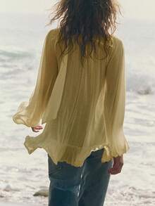 Womens Y2K Sheer Mesh Frill Shirt Tops Solid Color See Through Long Puff Sleeve V Neck Ruffle Hem Loose Fit T Shirts Blouses Boho Peplum Shawl Shirts With Scarf Set Fall Going Out Tops Beach Cover Up Vacation Streetwear - 黃色 - 查看 2