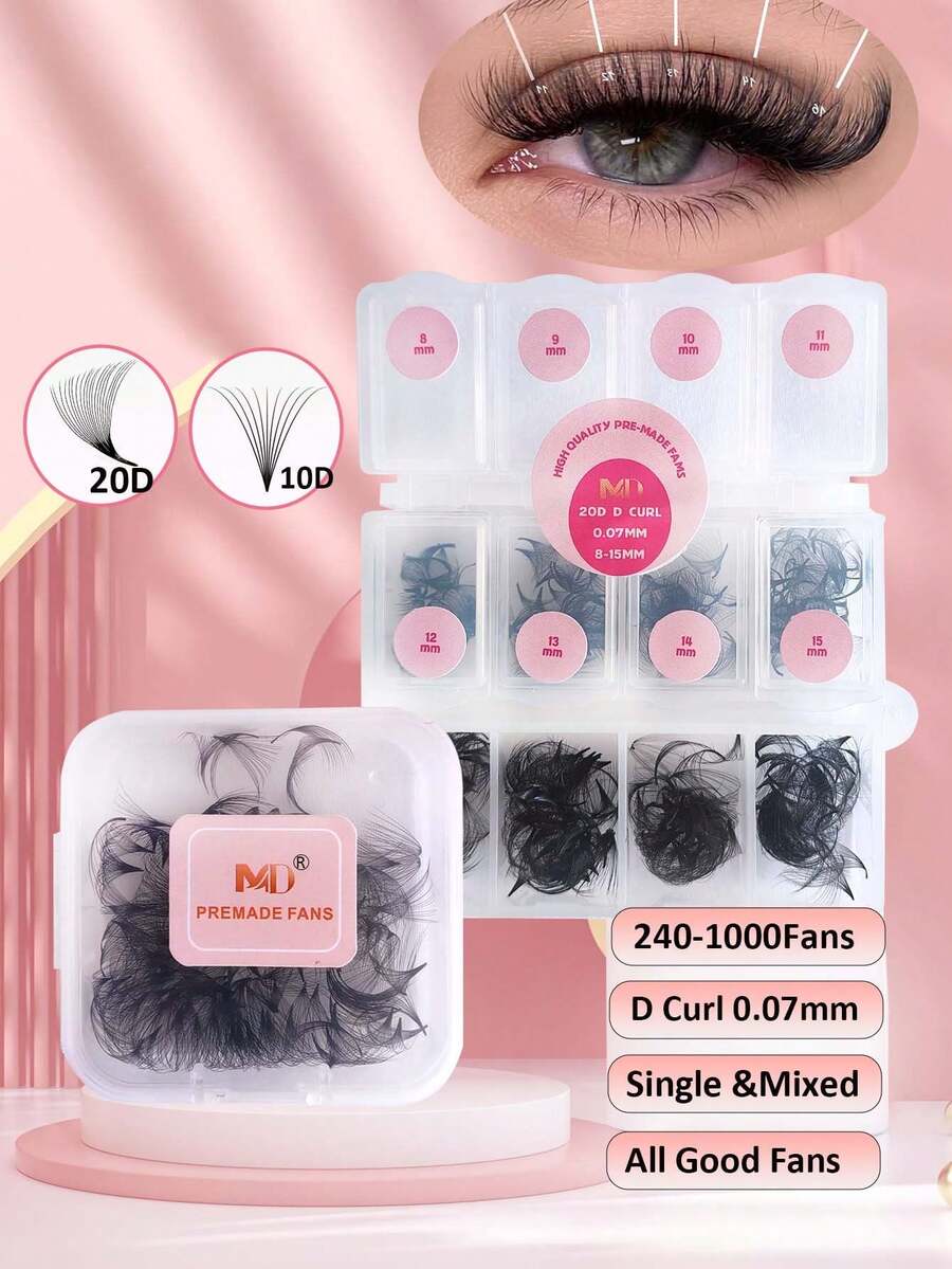 240PCS 500PCS 1000PCS Premade Fans Eyelash Extensions 240-1000 Fans Single Length 240 Fans 20D D Curl Handmade Volume Lashes Extensions 0.07mm Thickness 8-15mm Premade Volume Eyelash Extension Middle Stem Pointy Base Premade Lashes - D - View 1