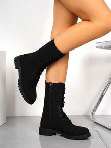 Botas de mujer de moda versátiles con cordones, hasta el tobillo/media pantorrilla/motocicleta, botas de tobillo, botas altas antideslizantes, botas casuales y cómodas con cremallera lateral para montar al aire libre, botas negras, botas de otoño/invierno, botas para exteriores, botas por encima de la rodilla - Negro - Ver 3