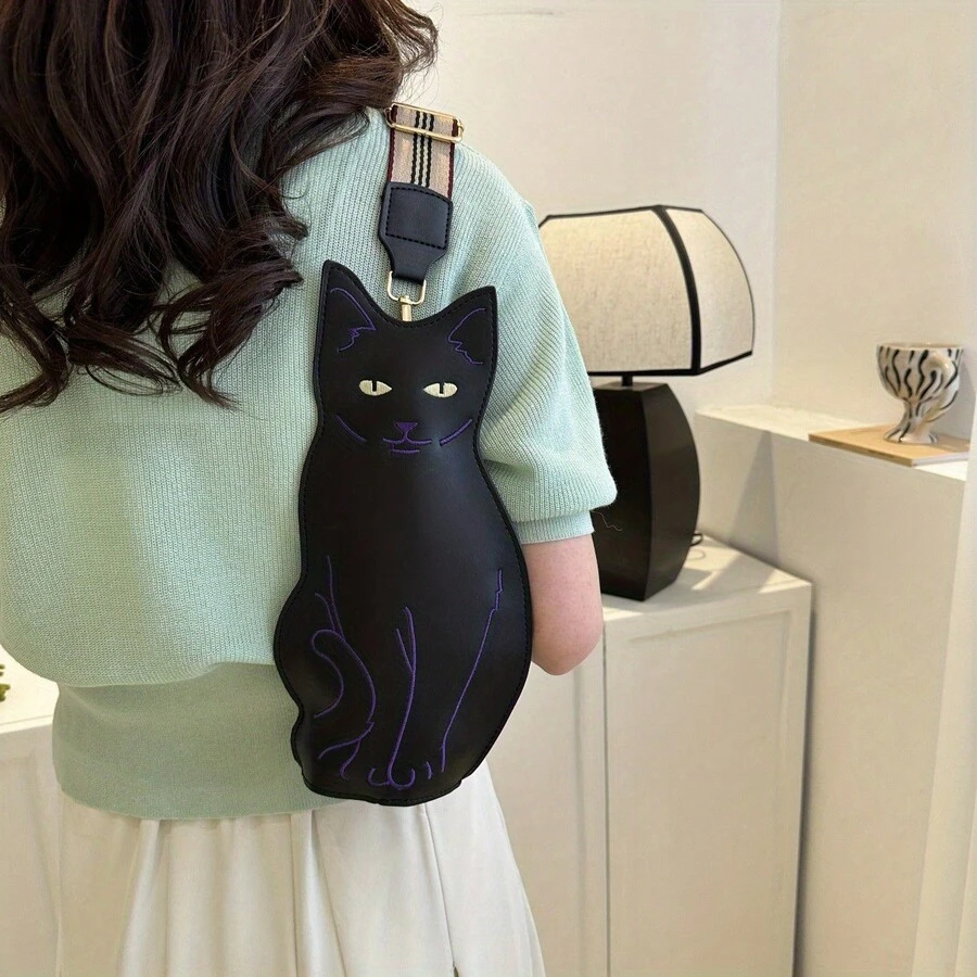 Women's Black Cat Crossbody Bag, Cat Shoulder Bag, Casual And Cute Cartoon Shoulder/Crossbody Bag, Perfect Gift, Women's Bag, Women's Shoulder Bag, Christmas Gift, New Year's Gift. - 黑色 - 查看 1