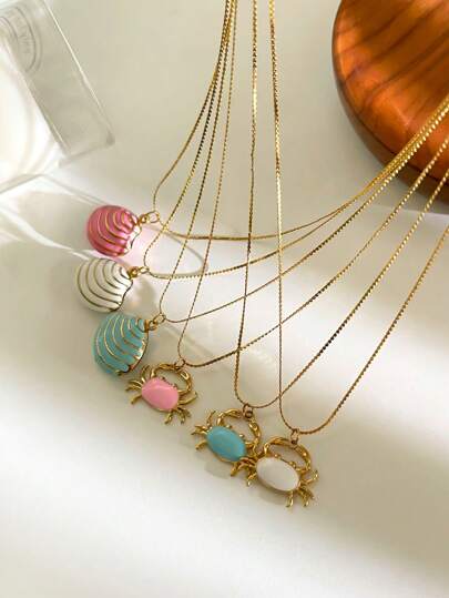 New Stainless Steel Pendant Necklace, Ocean Style Crab & Shell Pendant With Enamel Coating, Fashionable & Casual For Daily Wear, Vacation
