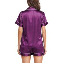 Womens Silk Pajamas, Short Sleeve Satin 2 Piece Pj Sets Button-Down Sleepwear Loungewear Pjs Shorts Set S-XXL - A-紫色 - 查看 5