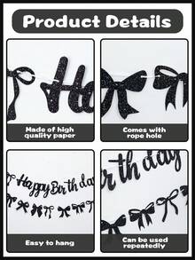 一套黑色蝴蝶结闪亮“生日快乐”横幅，女孩派对背景装饰，生日快乐蝴蝶结花环横幅，闪亮粉色生日快乐蝴蝶结装饰，粉色生日派对用品，一周岁生日派对横幅，新娘送礼会装饰，家居卧室客厅婚礼户外装饰 - 黑色 - 查看 8