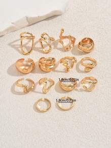 14pcs Irregular Hollow Round Smooth Gold Stackable Rings Set, Versatile Accessory Suitable For Any Occasion, High-End Matching Earrings, Perfect Romantic Gift For Women
