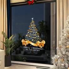 1pc/2pcs Golden Christmas Tree With Large Bow Printed Electrostatic Sticker 2026 Christmas Decoration Sticker For Bedroom Living Room Window Decoration Removable And Sticker Home Decor Christmas Decorations Room Decor