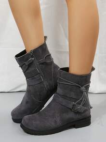 Damskie jesienno-zimowe botki zamszowe do połowy łydki, zapinane na suwak z boku, na grubym obcasie, w rozmiarze plus size, z paskiem na klamrę, z okrągłym noskiem, na imprezę - Szary - Zobacz 4