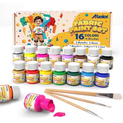 ABEIER Fabric Paint Set,16 Colours Textile Fabric Paint Permanent For T-Shirt, Shoes, Bag, Jeans 16*20ml Acrylic Textile&Fabric Paint Set With 3 Brushes