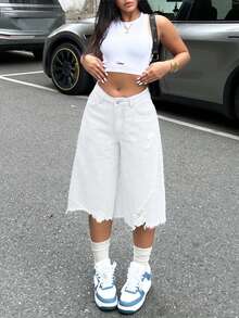 Women's Distressed Asymmetrical Hem Capri Jeans - White - View 3