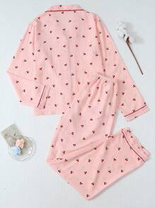 樱桃印花睡衣套装，甜美可爱翻领纽扣长袖上衣和裤子，女士睡衣和家居服，秋冬秋季服装 - 粉色 - 查看 2