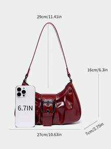 Fashionable Retro Wine Red Crescent Bag, Y2K Babe Shoulder Bag, Ruched Cloud Bag Design, Soft Leather Underarm Shoulder Bag, Street Style - Burgundy - View 4