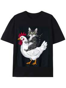 Camiseta de manga corta con estampado divertido de gato y pollo, gato gris sentado tranquilamente sobre la espalda del pollo, gallina blanca ligeramente impaciente, fondo de unicolor que resalta el diseño, sin texto adicional, talla grande simple y de moda - Negro - Ver 7