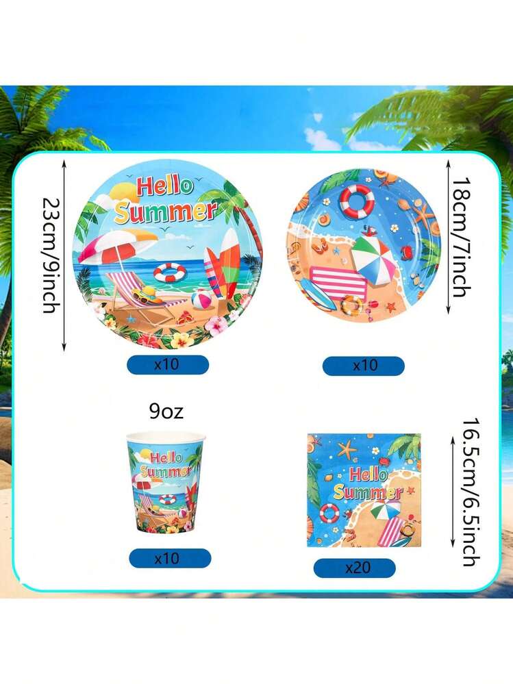 10pcs/20pcs/50pcs/Set, Beach 9'' 7'' Paper Plates, Beach Plates And Disposable Paper Napkins Party Decorations, Disposable Plates, Cups, Napkins, Hawaiian Tableware, Summer Party Plates, Beach Birthday Party Decorations, Suitable For 10 People - Multicolor - View 6