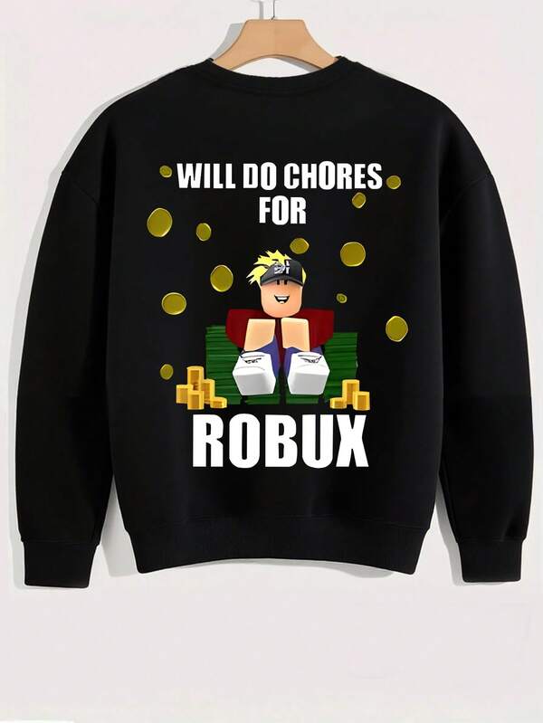 1 Boy's Long Sleeved Round Neck Pullover With Fun For Beginners And Professional Gamers To Do Household Chores For Robux Fun Text Print Pattern, Providing Comfortable, Fashionable, And Casual Autumn And Winter Styles For Young Boys/Tween Boys/Teen Boys