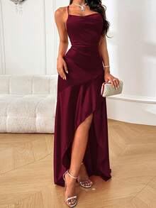 WOWDARK Summer Dress, Wine Red, Fashion Square Neck Ruffle Tie-Back Elegant Party Dress For Women, Suitable For Valentine's Day, Dates, Gatherings, Parties, Travel, Vacation, Beach - Burgundy - View 4