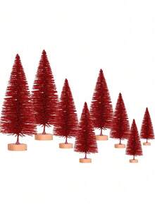 6 piezas - Árboles de Navidad rojos miniatura artificiales, árboles de cepillo de botella con base de madera, árbol de Navidad de sisal con escarcha artificial, manualidades DIY de mini pino para decoración navideña, fiesta de Navidad, hogar, decoración de mesa, adornos de invierno (Rojo)